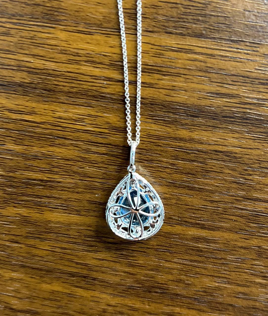 Pear Teardrop Swiss Blue Topaz 14K White Gold Diamond Halo Pendant Necklace For Sale 2