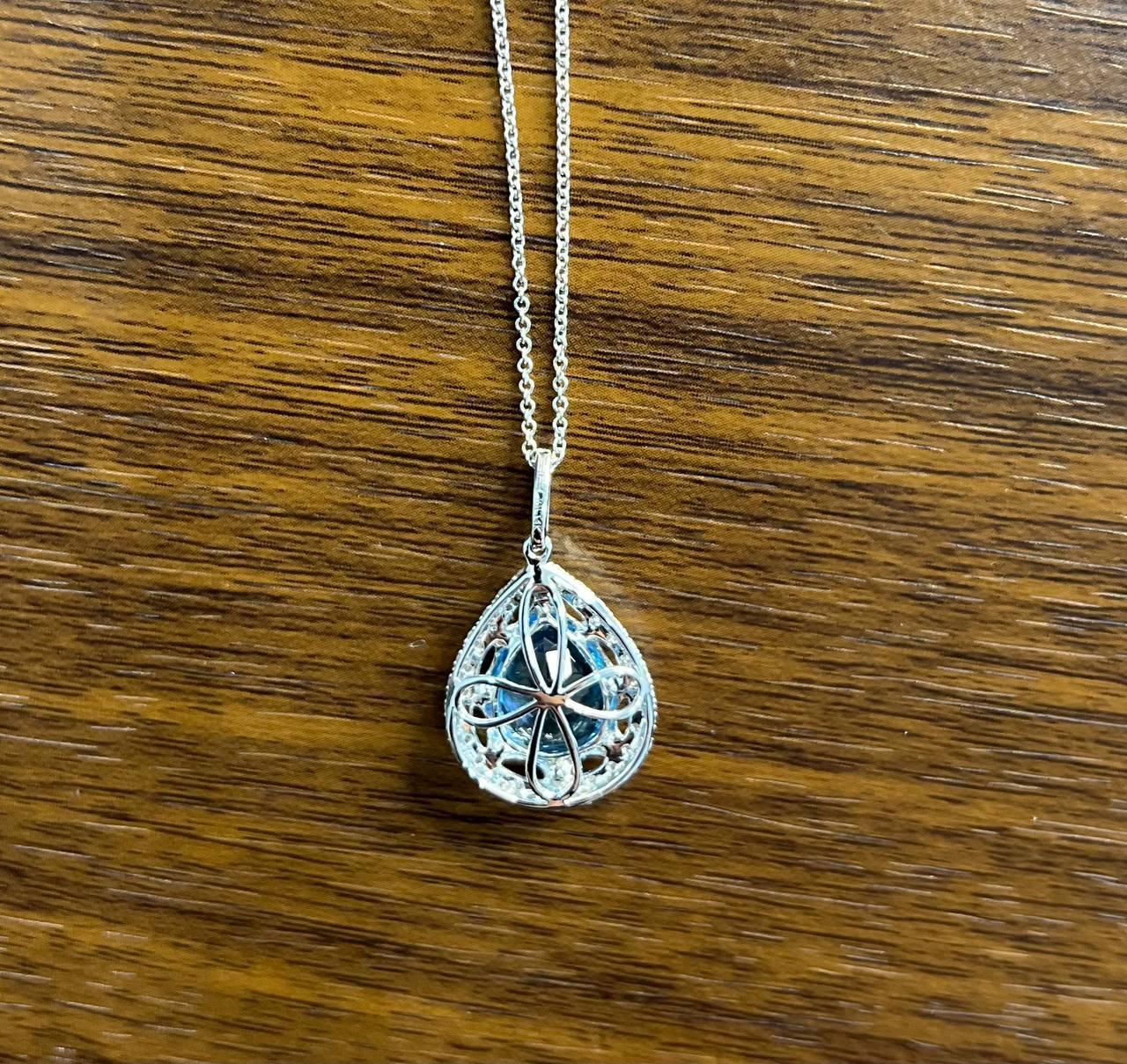 Pear Teardrop Swiss Blue Topaz 14K White Gold Diamond Halo Pendant Necklace For Sale 3