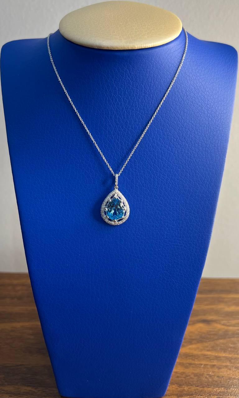 Pear Teardrop Swiss Blue Topaz 14K White Gold Diamond Halo Pendant Necklace For Sale 4