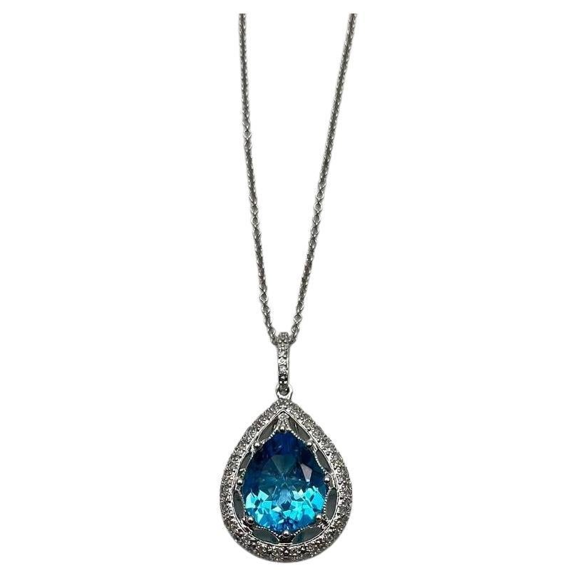 Pear Teardrop Swiss Blue Topaz 14K White Gold Diamond Halo Pendant Necklace