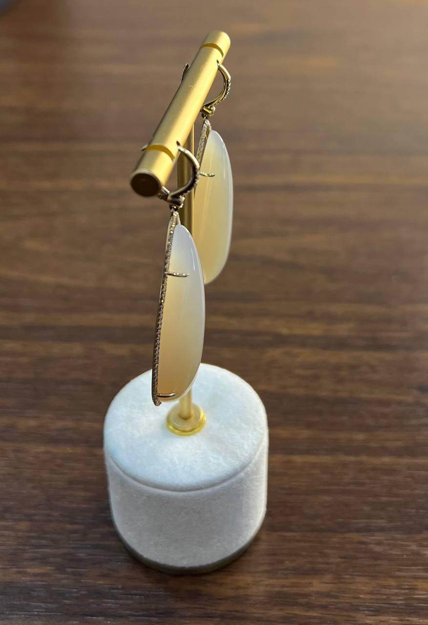 Pear Teardrop White Cabochon Moonstone Diamonds Halo 14K Gold Statement Earrings In New Condition For Sale In Oakton, VA