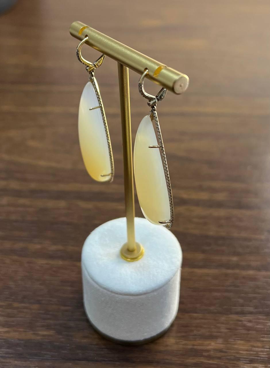 Women's Pear Teardrop White Cabochon Moonstone Diamonds Halo 14K Gold Statement Earrings For Sale