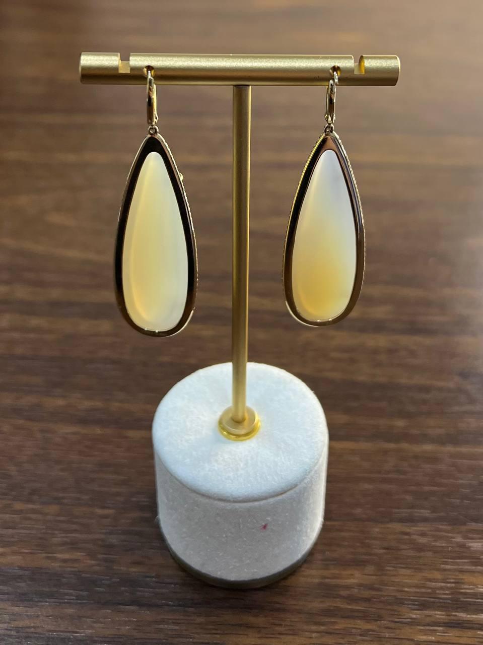 Pear Teardrop White Cabochon Moonstone Diamonds Halo 14K Gold Statement Earrings For Sale 1