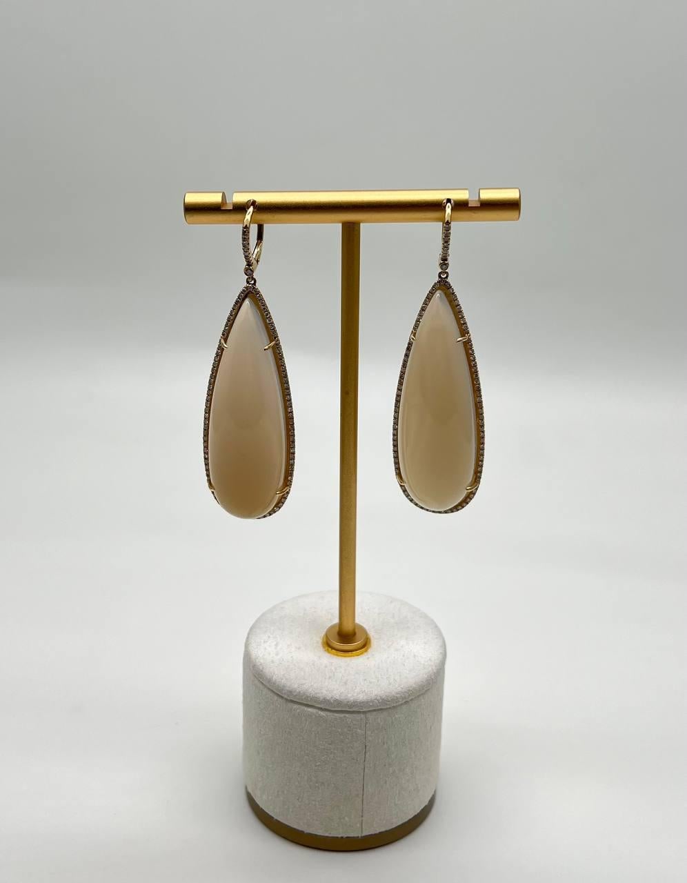 Pear Teardrop White Cabochon Moonstone Diamonds Halo 14K Gold Statement Earrings For Sale 2