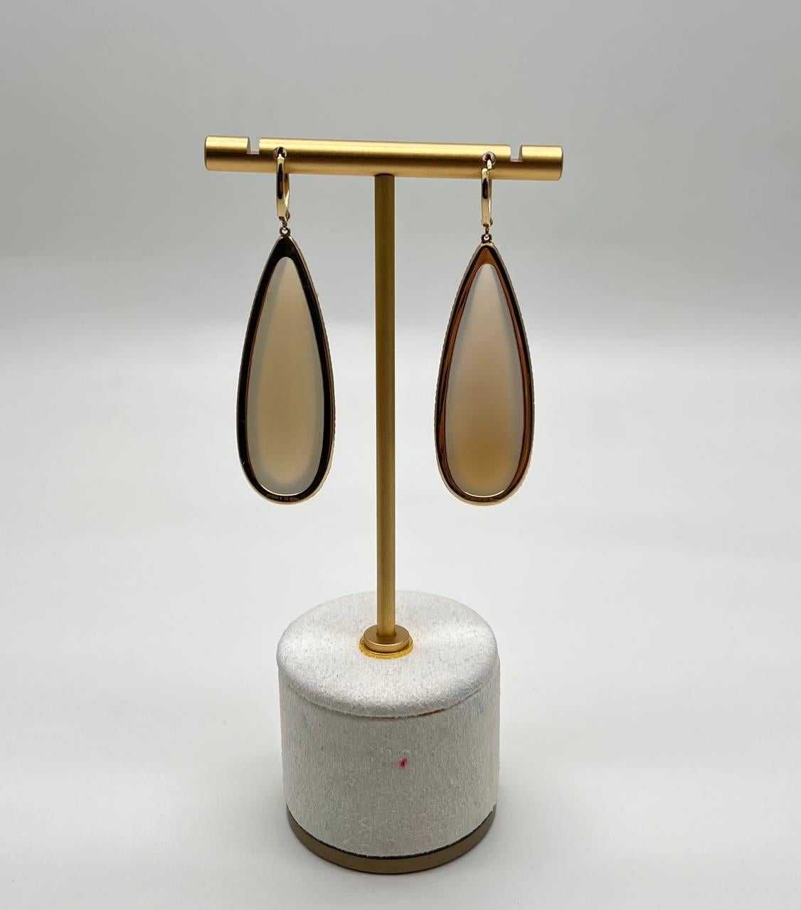 Pear Teardrop White Cabochon Moonstone Diamonds Halo 14K Gold Statement Earrings For Sale 3