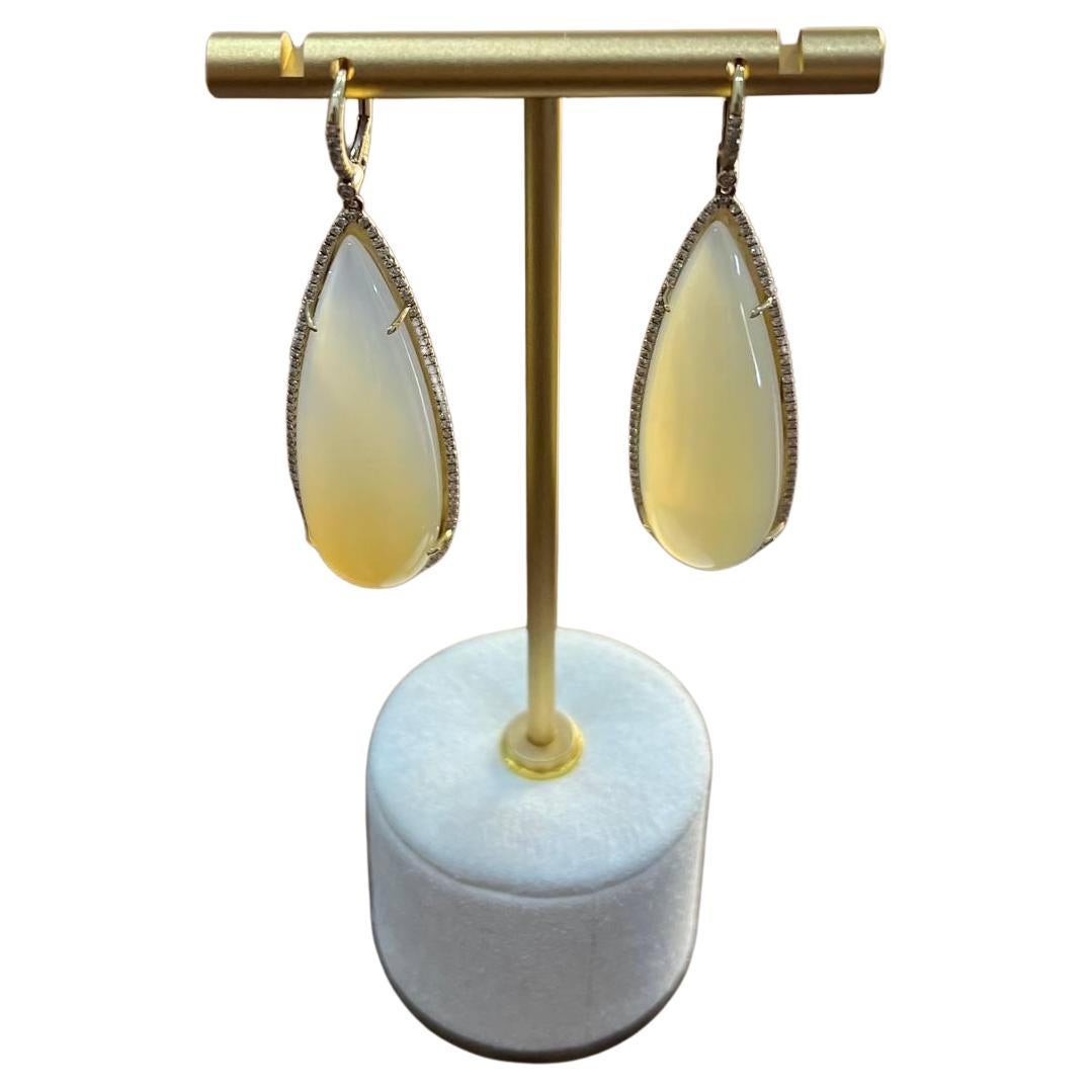 Pear Teardrop White Cabochon Moonstone Diamonds Halo 14K Gold Statement Earrings For Sale