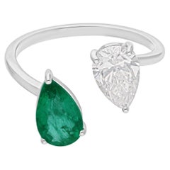 Pear Toi et Moi Zambian Emerald SI Clarity HI Color Diamond Ring 14k White Gold