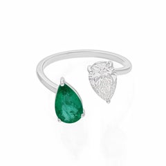 Pear Toi et Moi Zambian Emerald SI Clarity HI Color Diamond Ring 18k White Gold