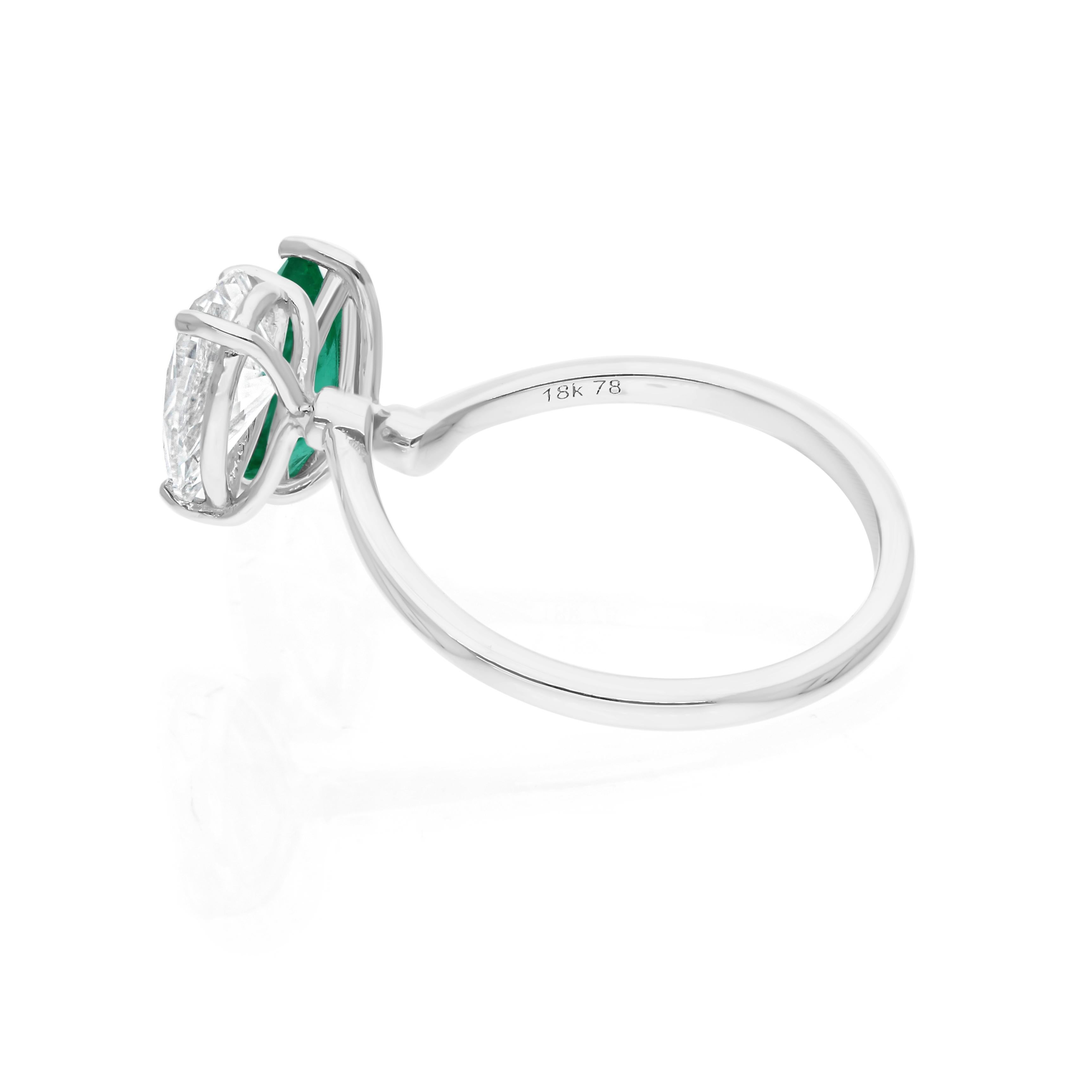 En vente :  Bague poire Toi et Moi Zambian Emerald SI Clarity HI Color Diamond Ring 18k White Gold 3