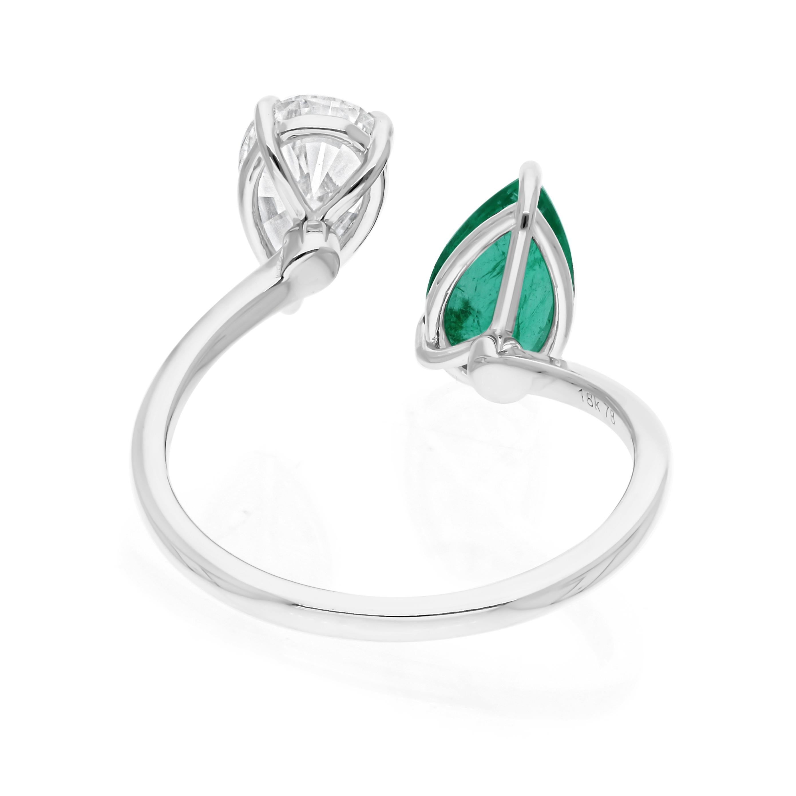 En vente :  Bague poire Toi et Moi Zambian Emerald SI Clarity HI Color Diamond Ring 18k White Gold 4