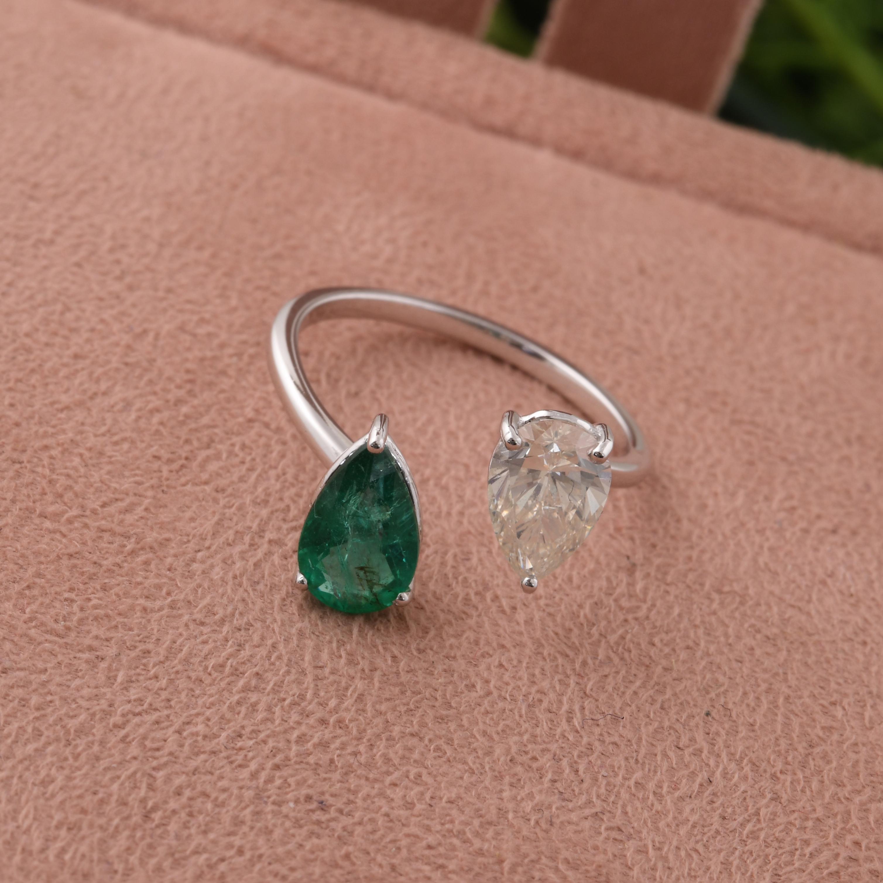 En vente :  Bague poire Toi et Moi Zambian Emerald SI Clarity HI Color Diamond Ring 18k White Gold 5
