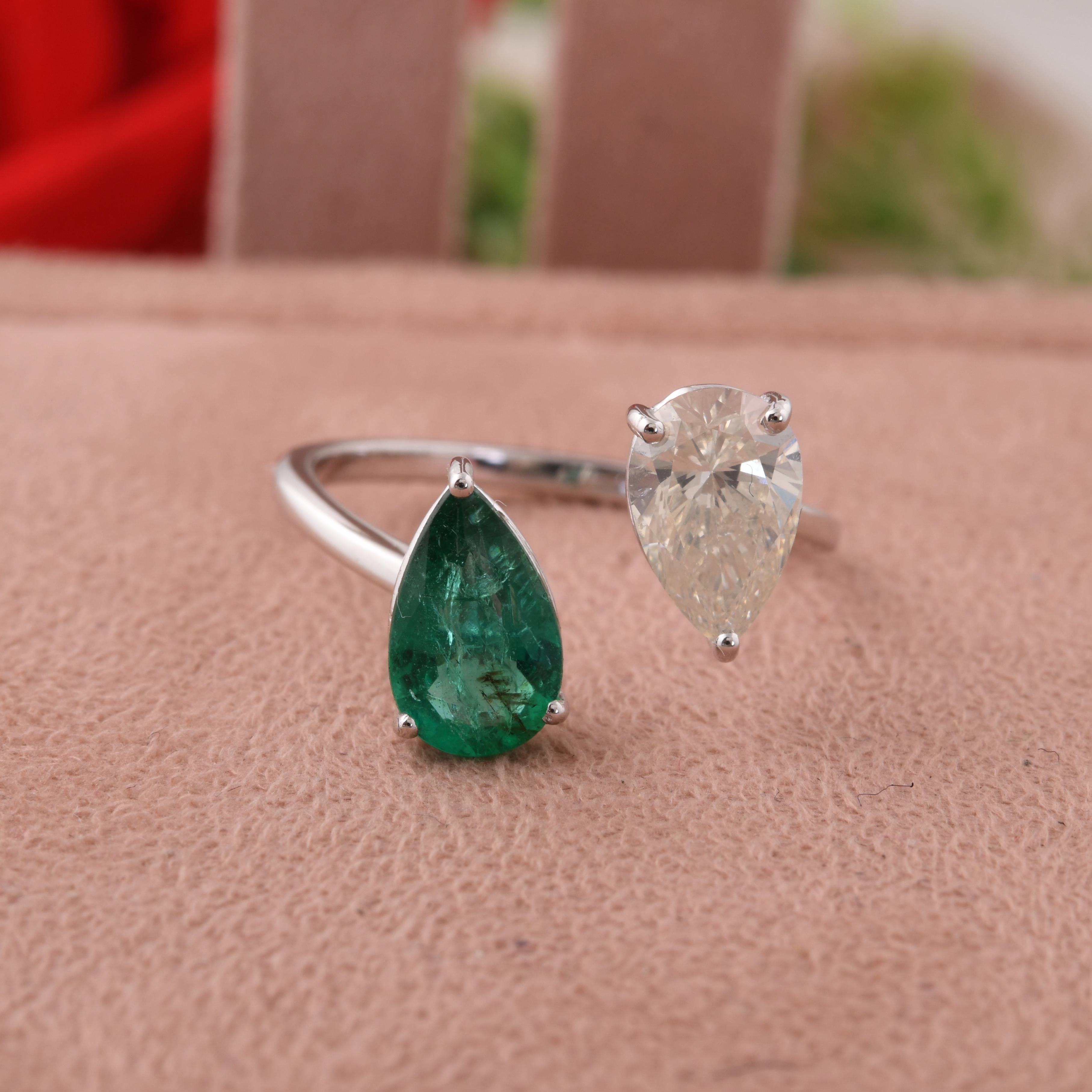 En vente :  Bague poire Toi et Moi Zambian Emerald SI Clarity HI Color Diamond Ring 18k White Gold 6
