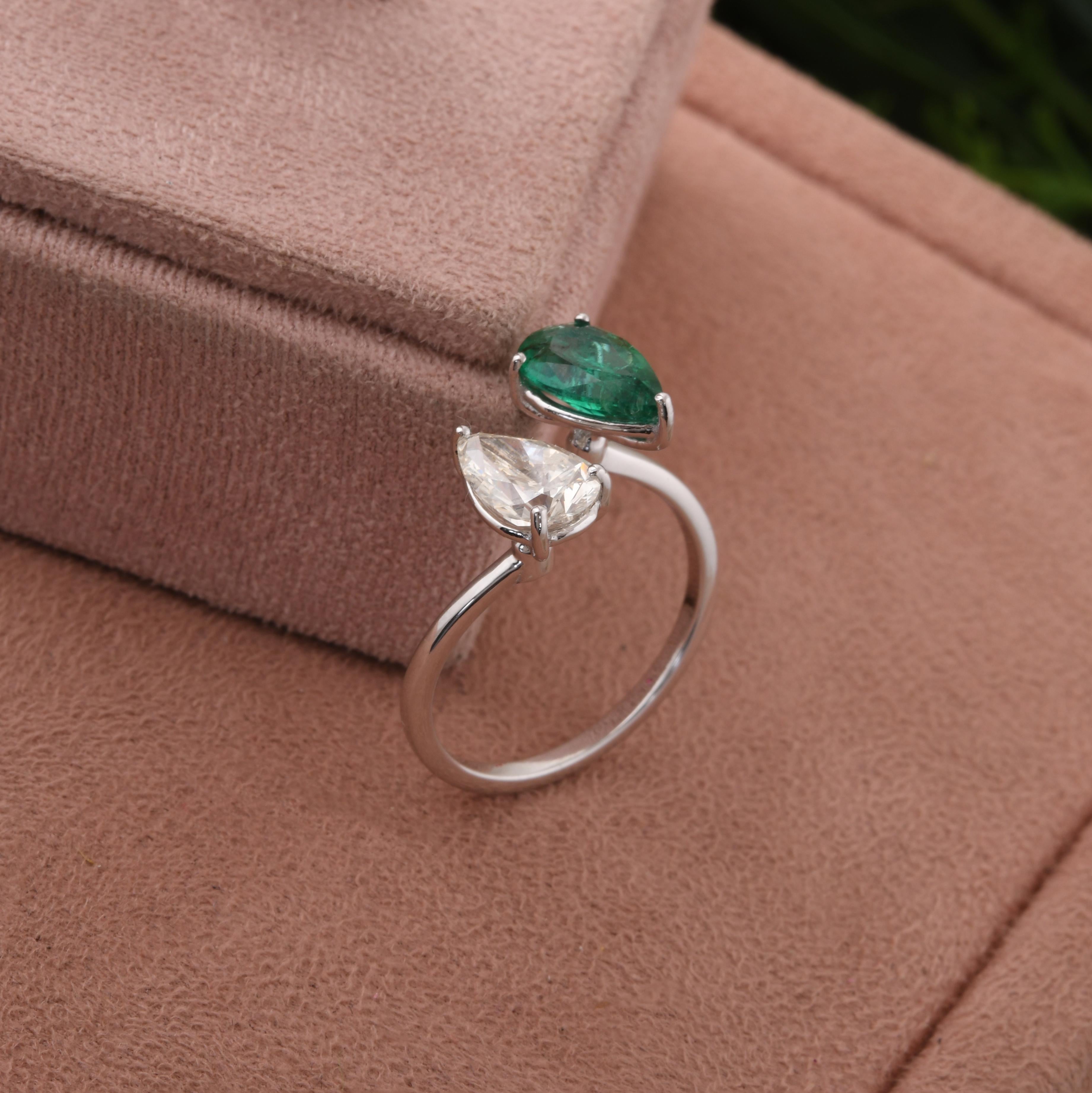 En vente :  Bague poire Toi et Moi Zambian Emerald SI Clarity HI Color Diamond Ring 18k White Gold 7