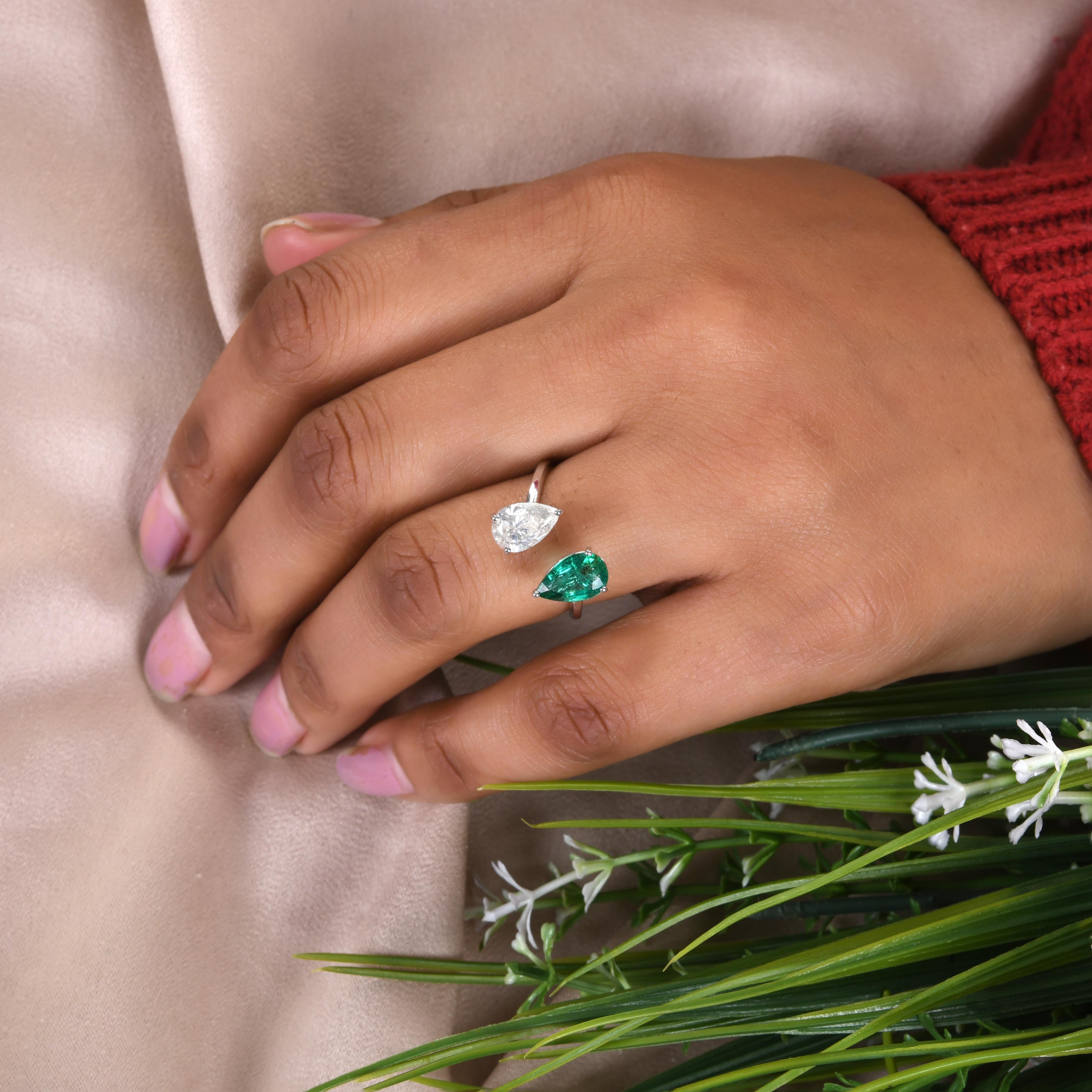 En vente :  Bague poire Toi et Moi Zambian Emerald SI Clarity HI Color Diamond Ring 18k White Gold 8