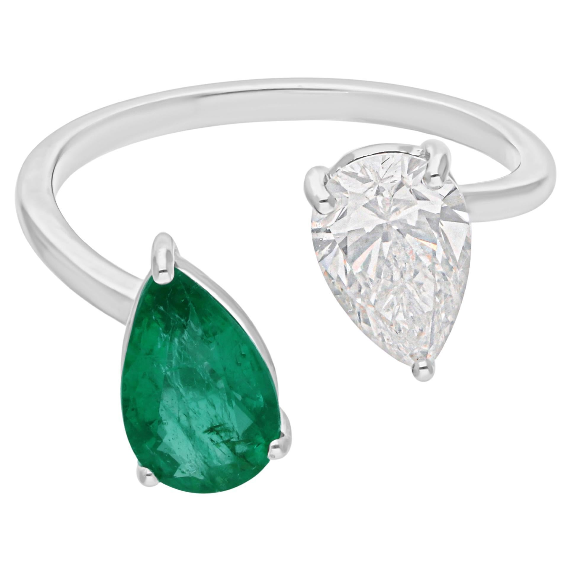 En vente :  Bague poire Toi et Moi Zambian Emerald SI Clarity HI Color Diamond Ring 18k White Gold