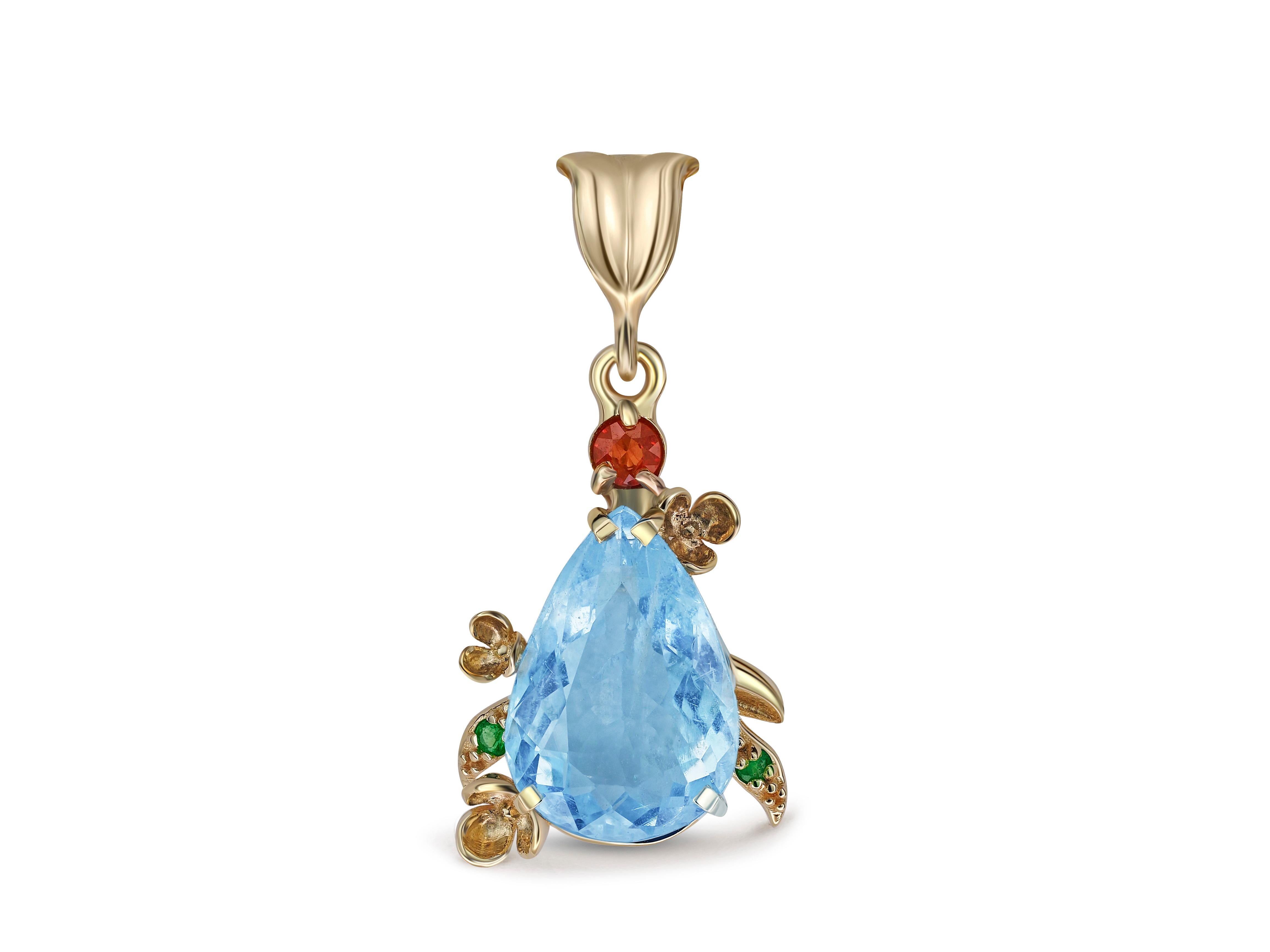 Pear Topaz Pendant in 14 Karat Gold. 
Flower design pendant with natural topaz. Topaz gold pendant. November birthstone pendant.

Metal: 14k gold
Weight: 2.75 g.
Pendant size: 30x14.5 mm.

Set with topaz, color - sky blue
Pear cut, aprox 5 ct