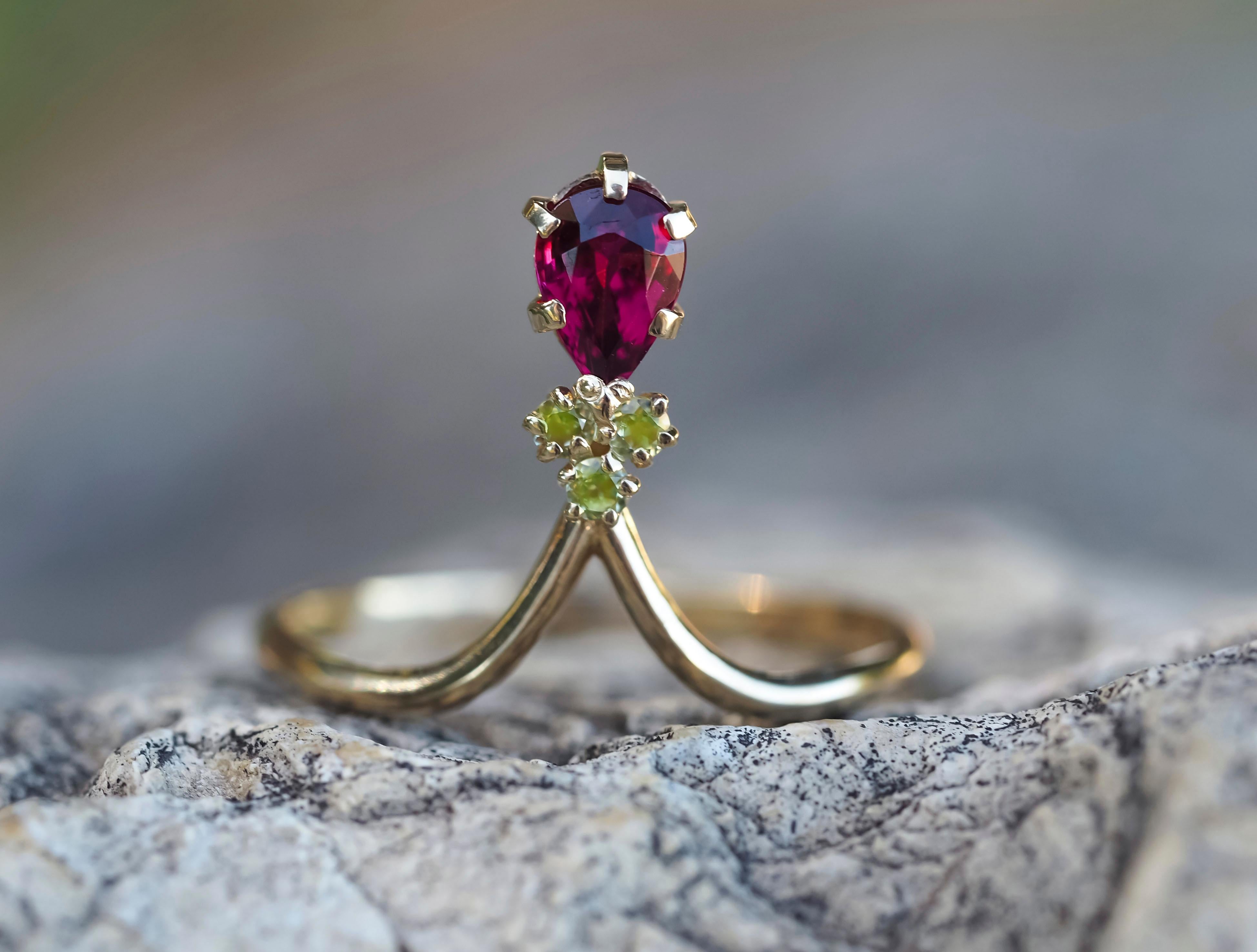 Pear Tourmaline 14k gold ring. 
Rubellite Tourmaline Ring. Vintage tourmaline ring. October birthstone ring. Art-deco ring. Minimalist ring.

Metal: 14k gold
Weight 1.6 gr. depends from size.

Gemstones (all are tested by proffesional