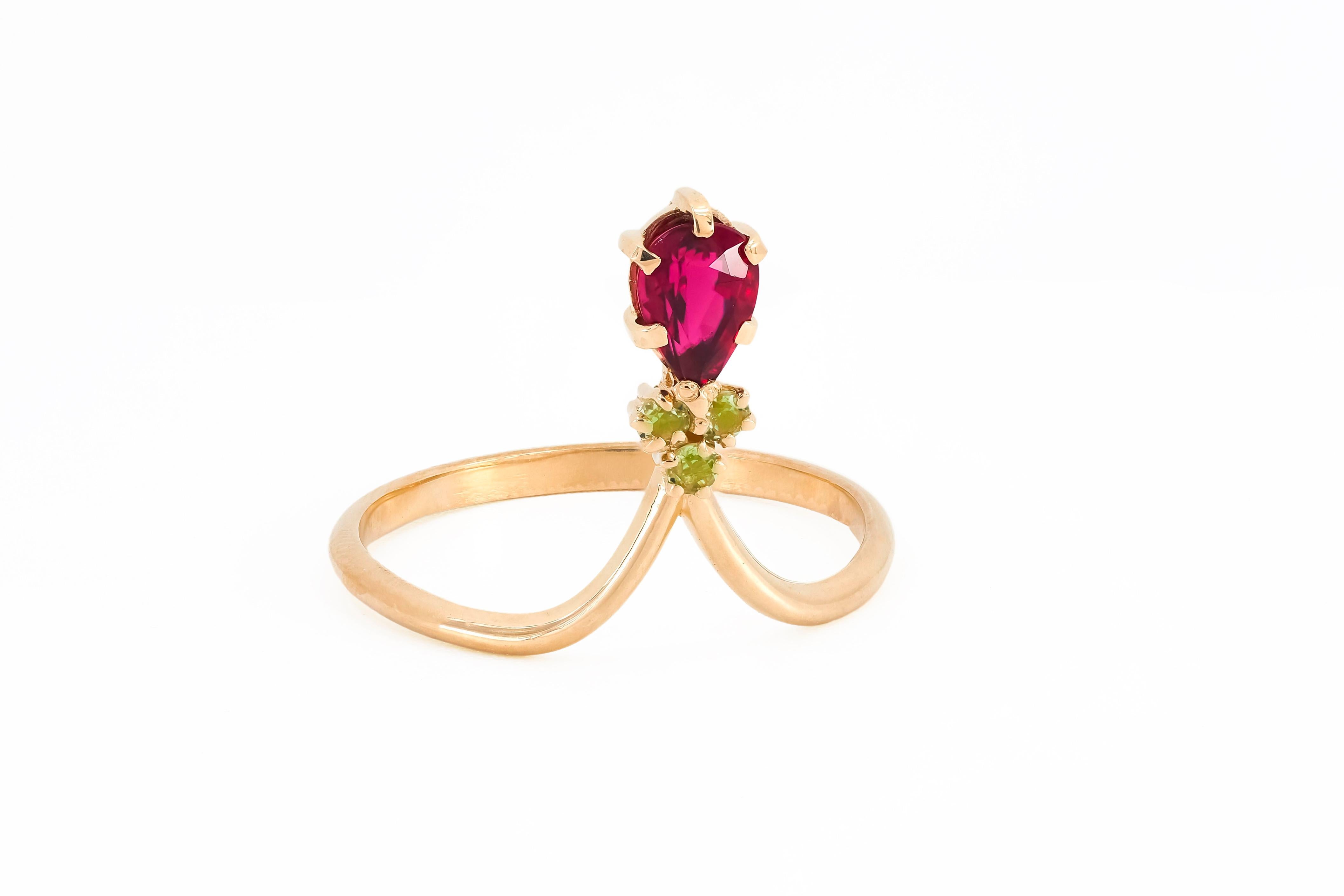 Pear Tourmaline 14k gold ring.  For Sale 1