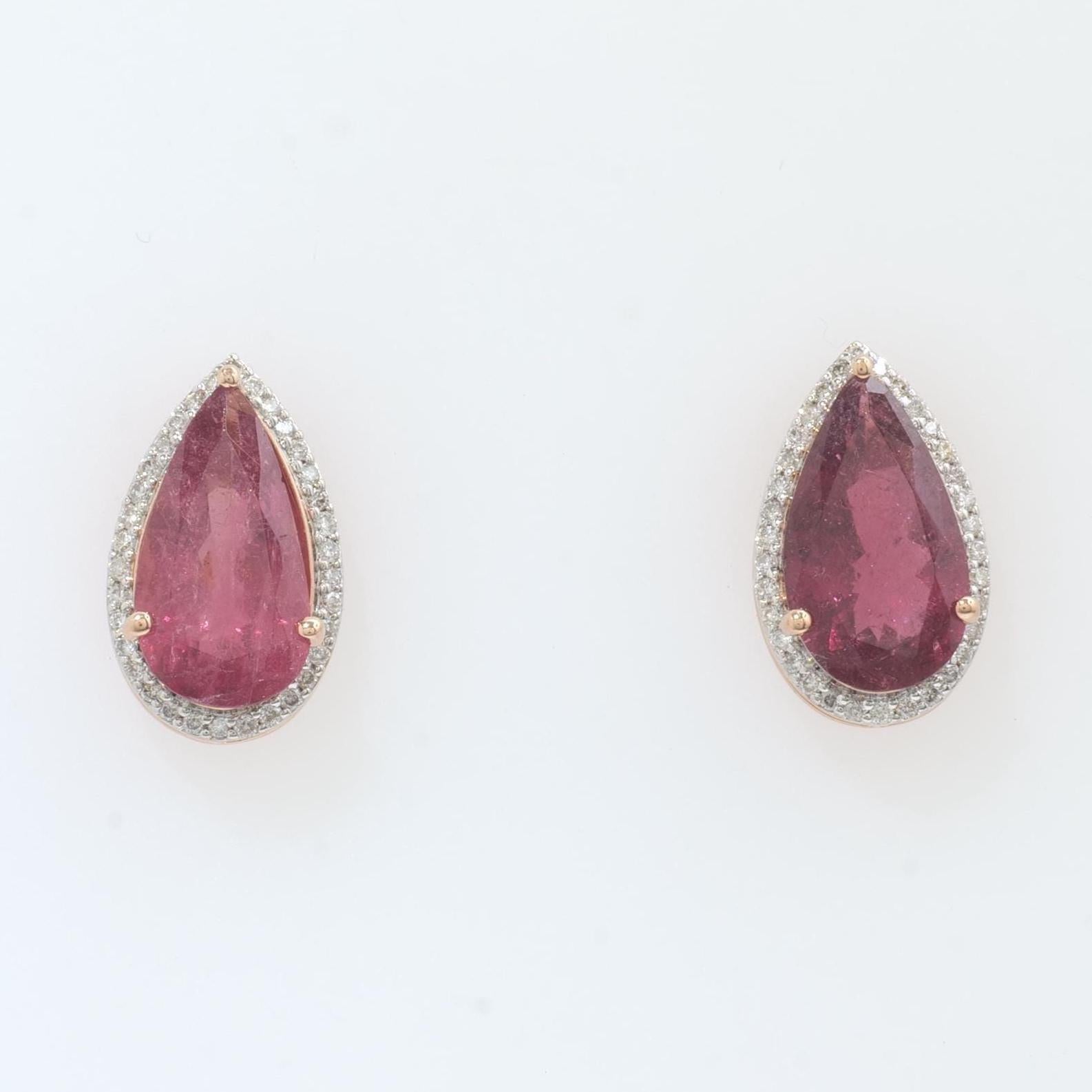 Orecchini con diamante aureolato con tormalina pera in oro massiccio 14k (certificati) in vendita