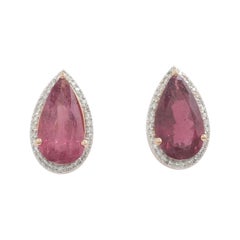 Boucles d'oreilles en or massif 14k (certifié) Tourmaline Poire Halo Diamant