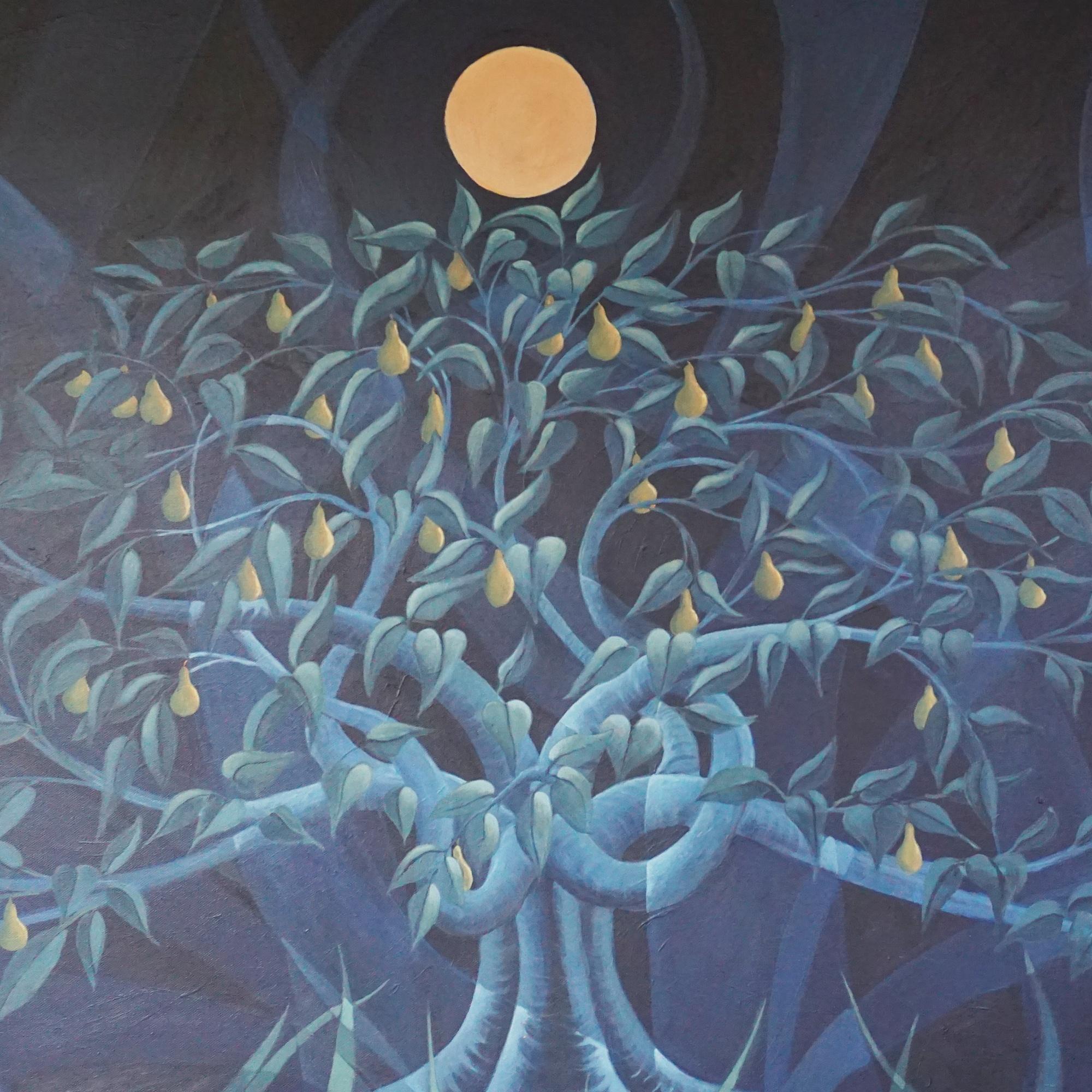 An Art Deco Style Contemporary painting by Vera Jefferson depicting a pear tree in fruit, lit by moonlight. Oil on Canvas. 

Dimensions: H 95cm W 125cm 

Origin: English

Date: Contemporary 

Vera Jefferson trained at Goldsmiths College, London and