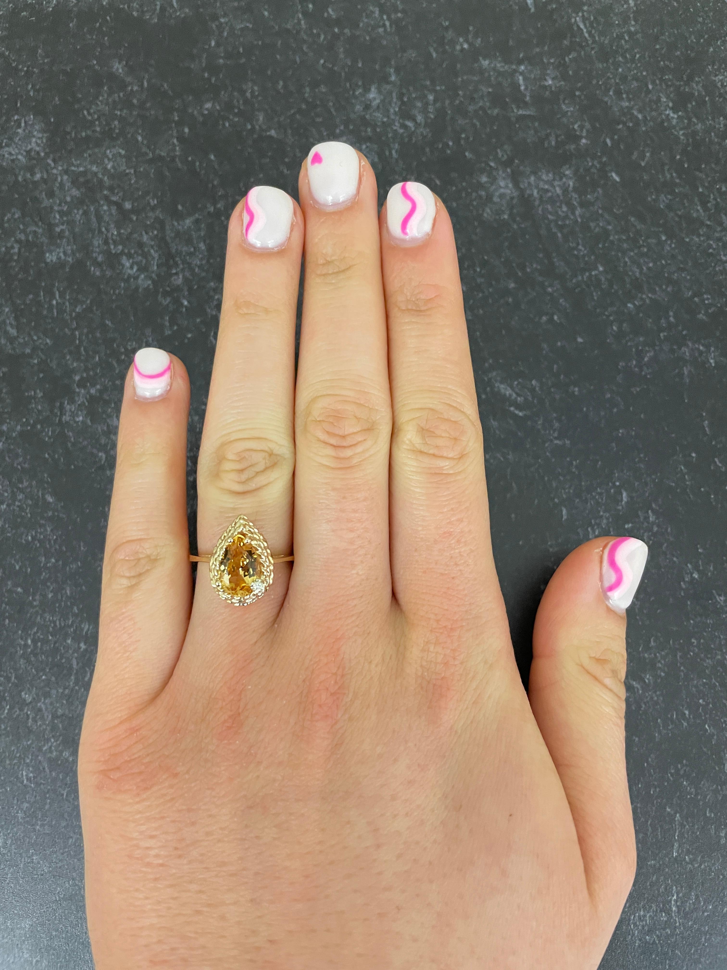 Pear Cut Pear Yellow Beryl Engagement Ring White Diamond Braided 14 Karat Yellow Gold