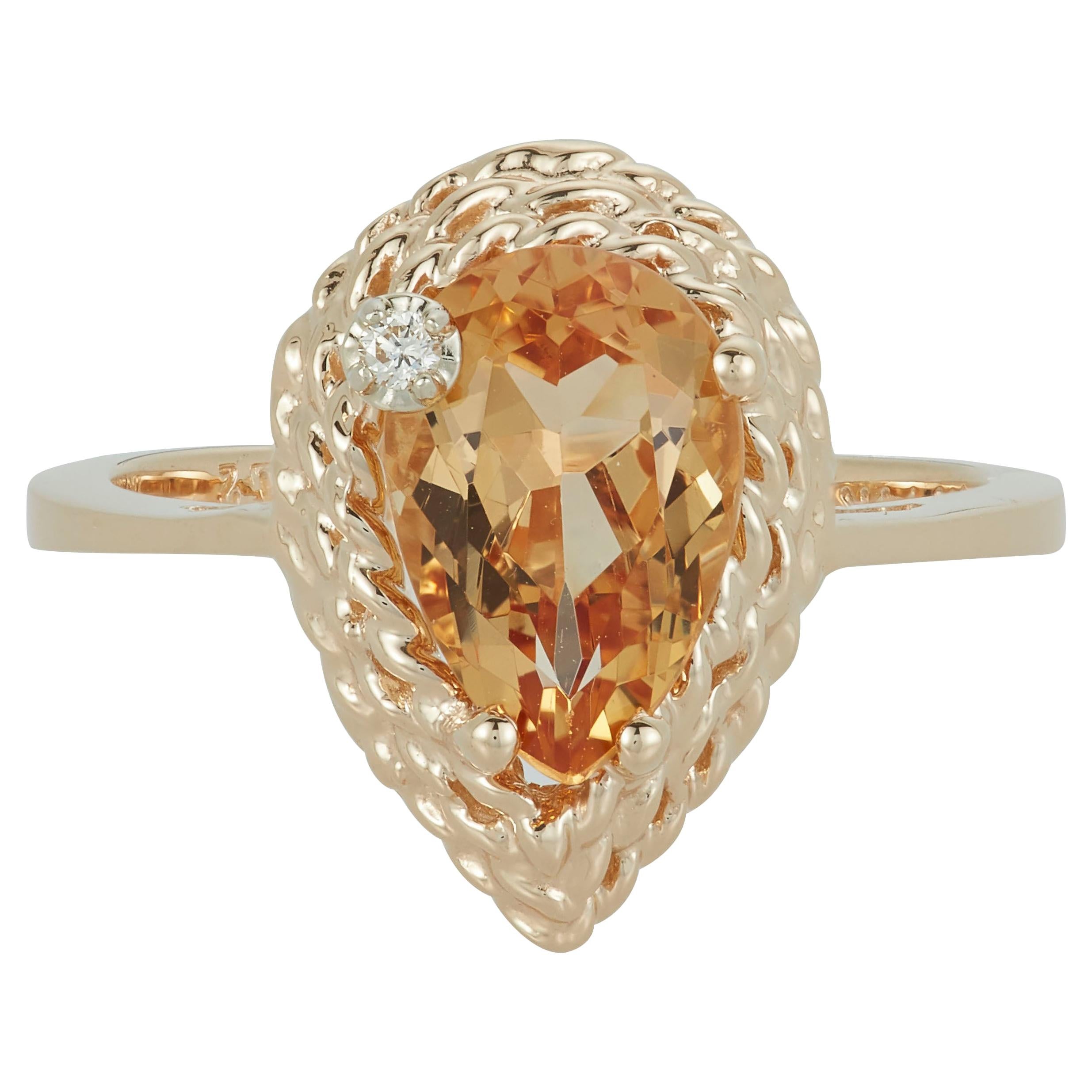 Pear Yellow Beryl Engagement Ring White Diamond Braided 14 Karat Yellow Gold