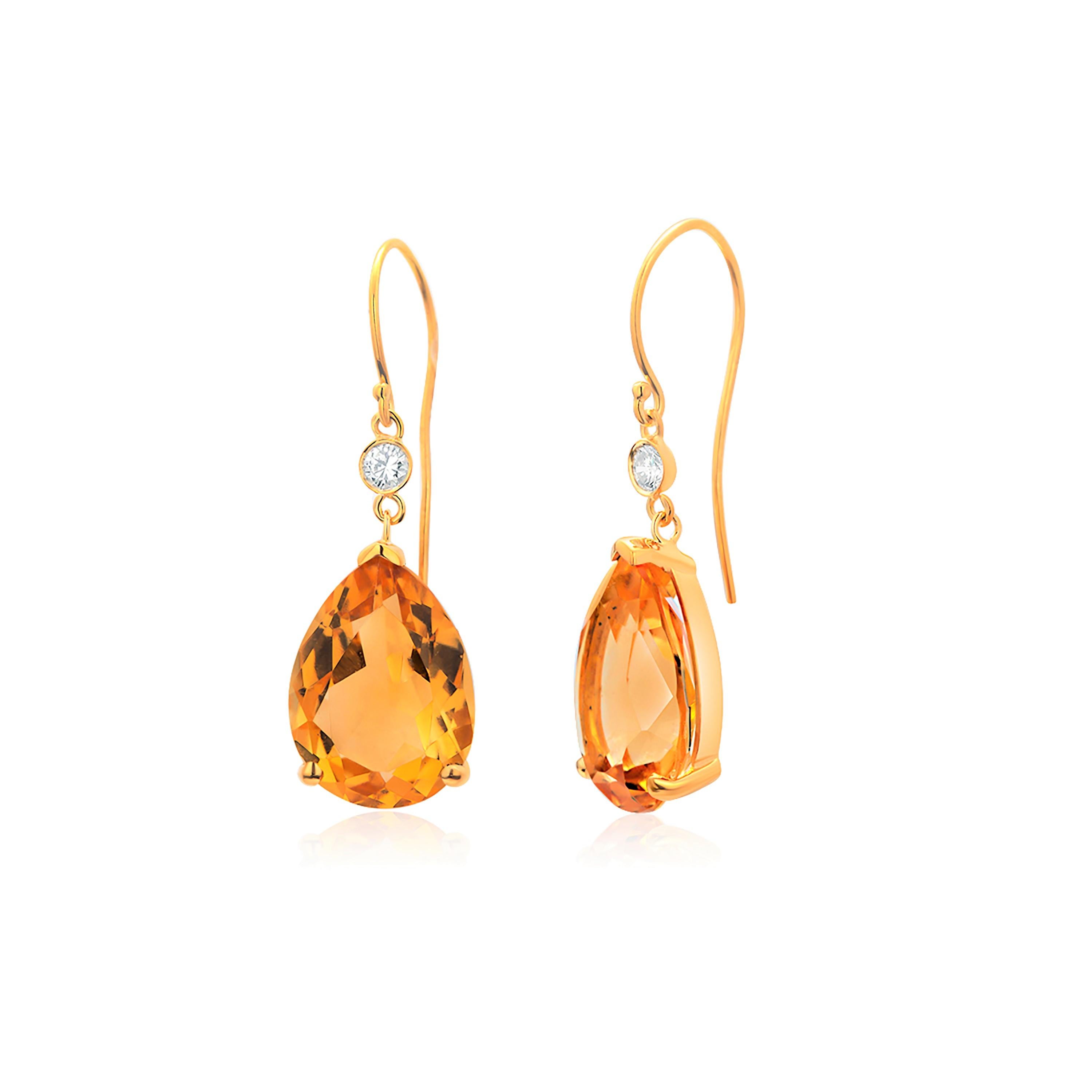 Pear Cut Pear Yellow Citrine and Diamond Gold Wire Hoop Earrings Weighing 17.35 Carat
