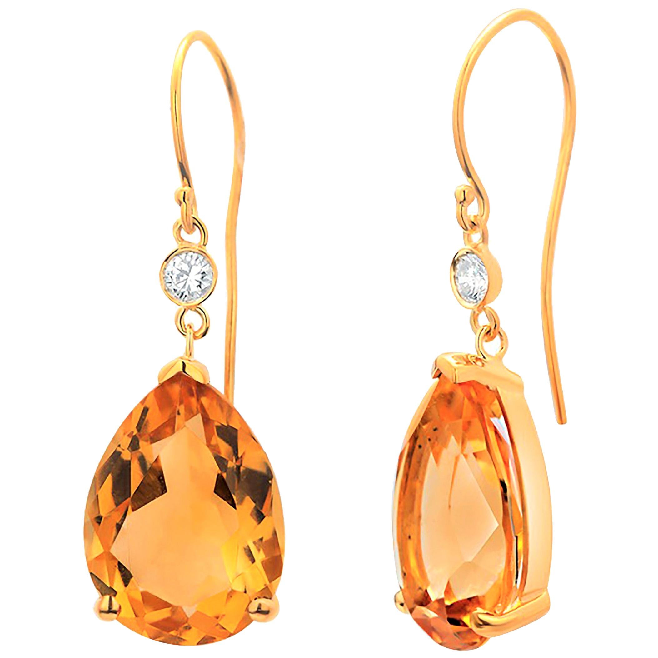 Pear Yellow Citrine and Diamond Gold Wire Hoop Earrings Weighing 17.35 Carat