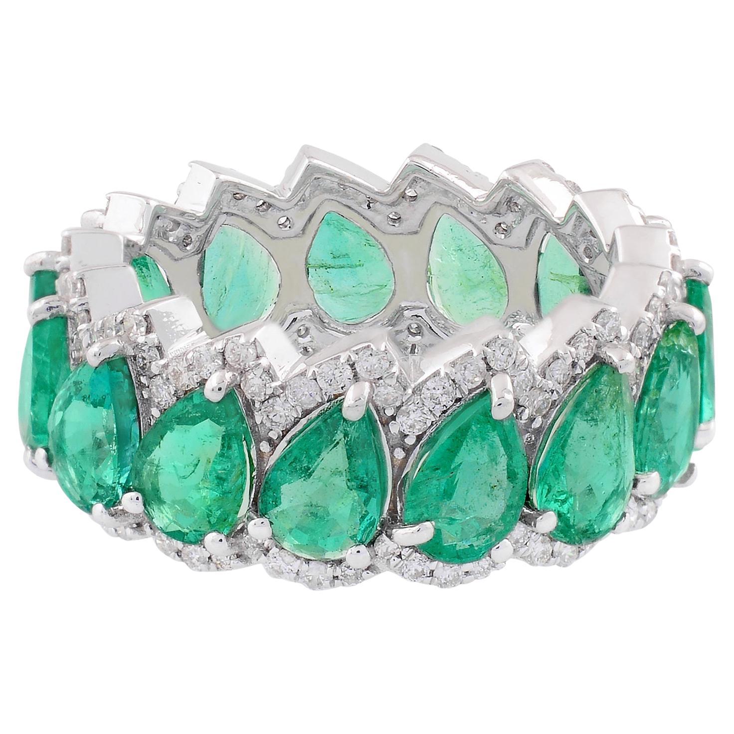 For Sale:  Pear Natural Emerald Band Ring Diamond Pave Solid 18k White Gold Fine Jewelry