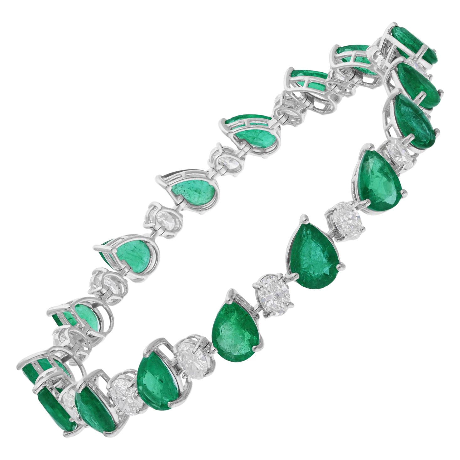 Pear Zambian Emerald Bracelet SI/H Oval Diamond 14 Karat White Gold Fine Jewelry