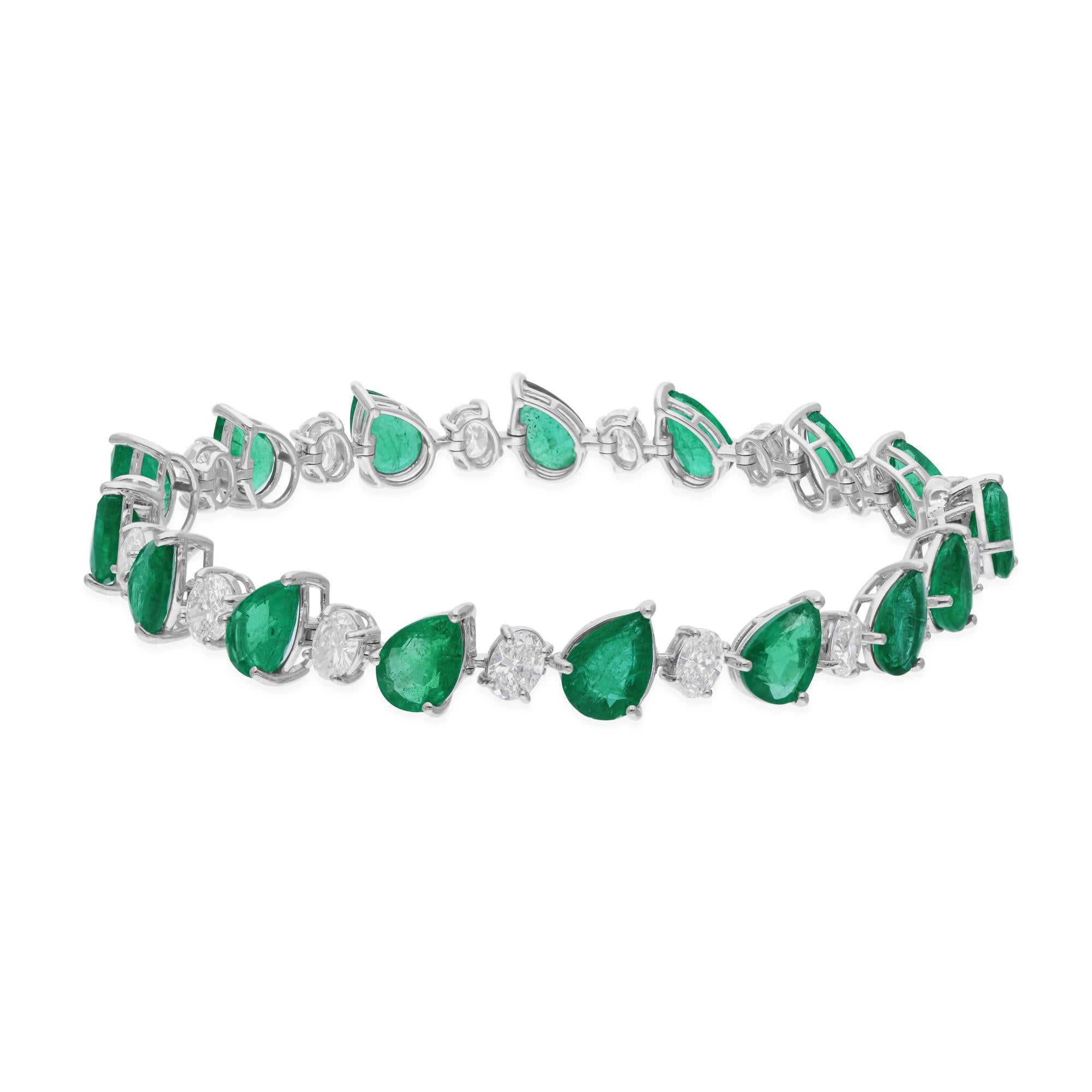 Modern Pear Zambian Emerald Bracelet SI/H Oval Diamond 18 Karat White Gold Fine Jewelry For Sale