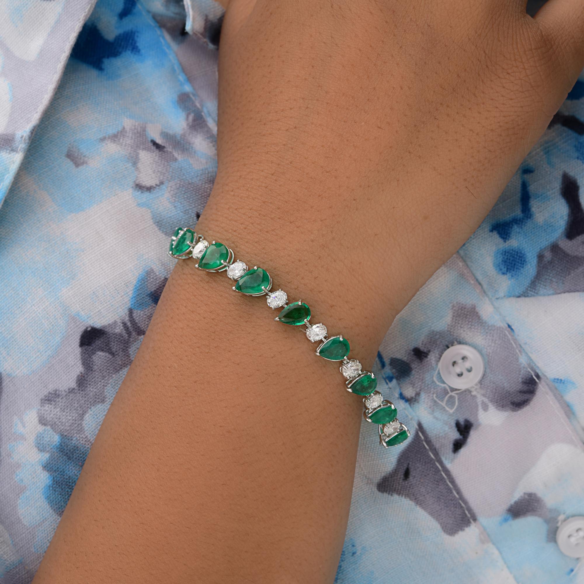 Oval Cut Pear Zambian Emerald Bracelet SI/H Oval Diamond 18 Karat White Gold Fine Jewelry For Sale
