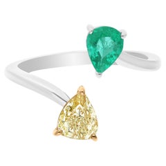 Pear Zambian Emerald Bypass Cuff Ring Diamond 14 Karat White Yellow Gold Jewelry