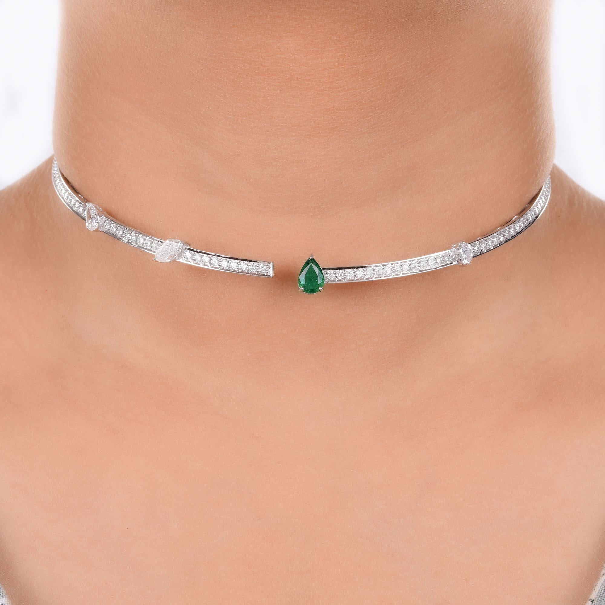 Pear Cut Pear Zambian Emerald Choker Necklace Diamond 18 Karat White Gold Fine Jewelry For Sale
