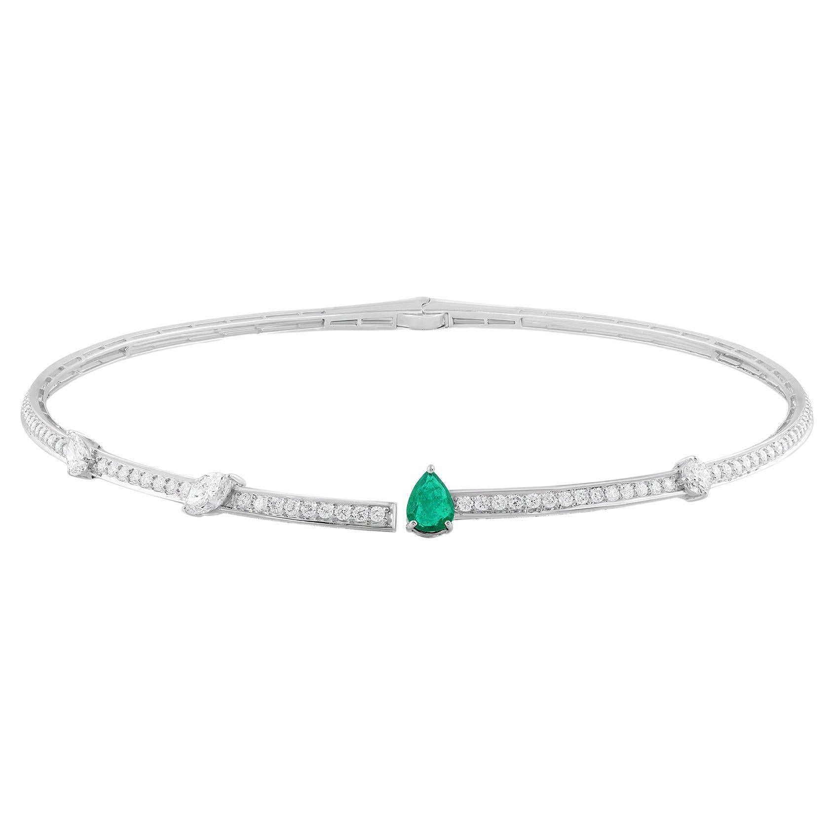 Pear Zambian Emerald Choker Necklace Diamond 18 Karat White Gold Fine Jewelry For Sale