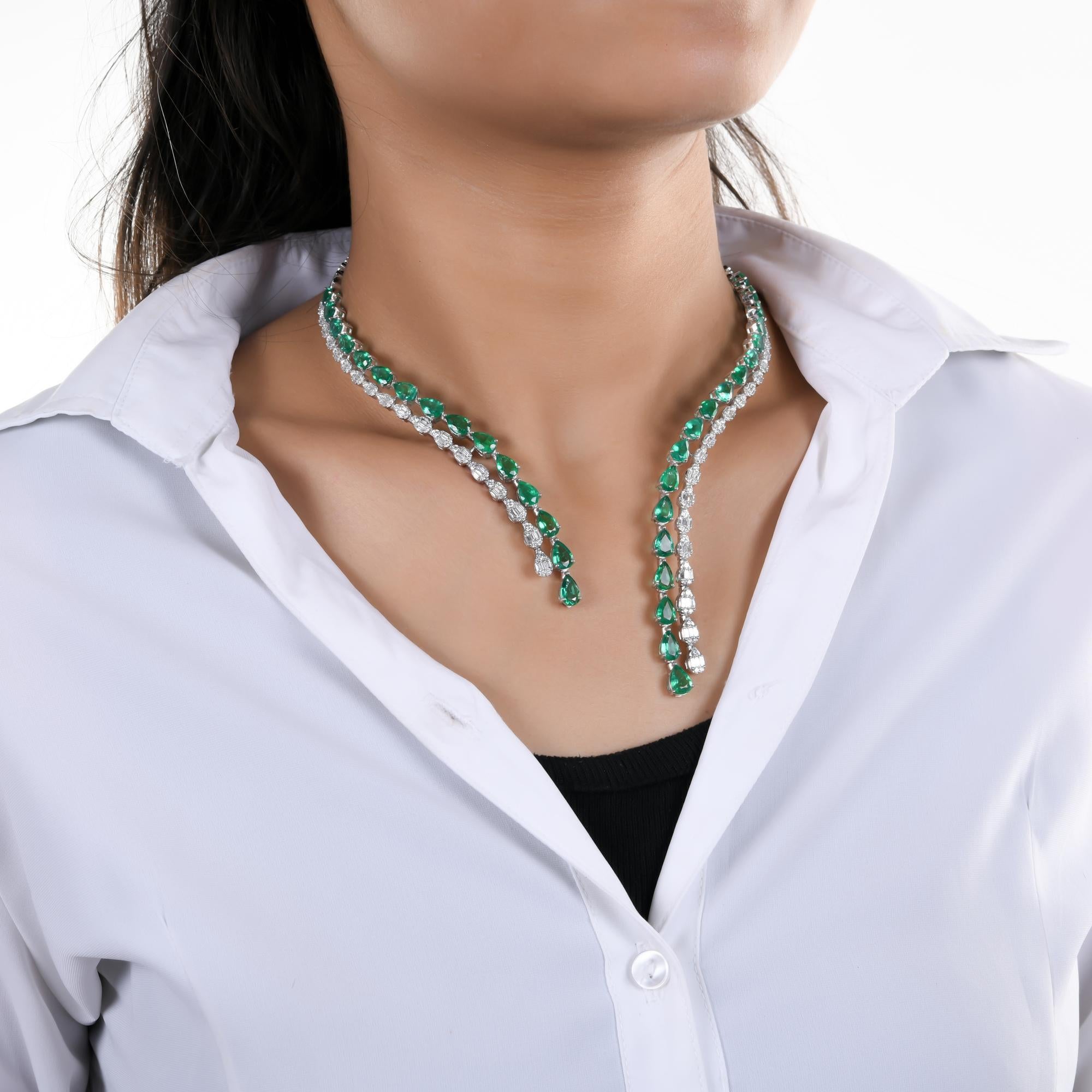 Modern Pear Zambian Emerald Choker Necklace SI/H Diamond 14 Karat White Gold Jewelry For Sale