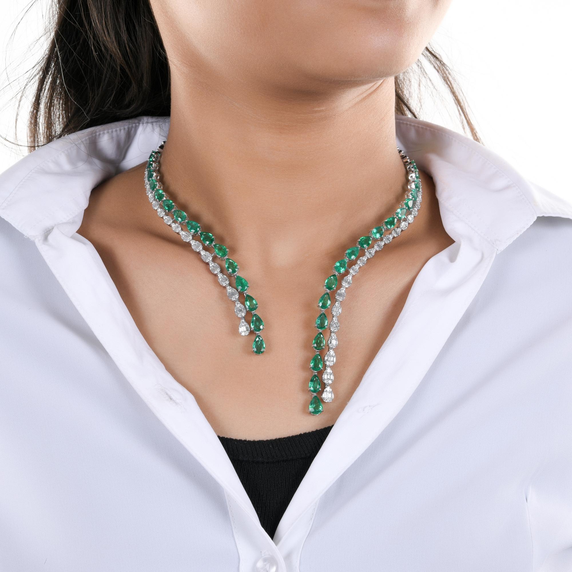 Pear Cut Pear Zambian Emerald Choker Necklace SI/H Diamond 14 Karat White Gold Jewelry For Sale