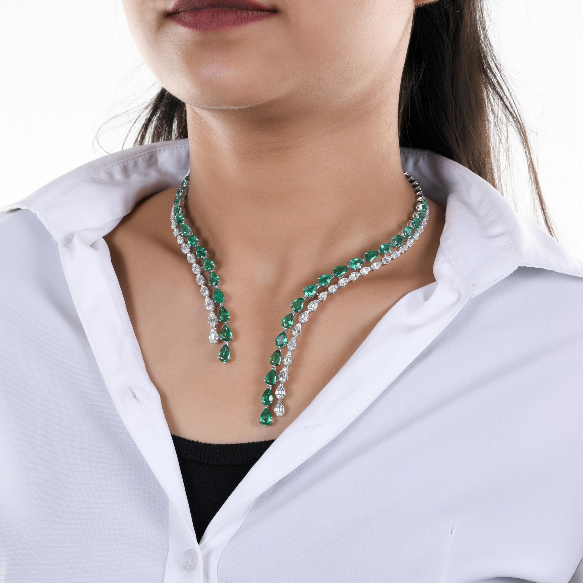 Pear Zambian Emerald Choker Necklace SI/H Diamond 14 Karat White Gold Jewelry In New Condition For Sale In Diera, Dubai