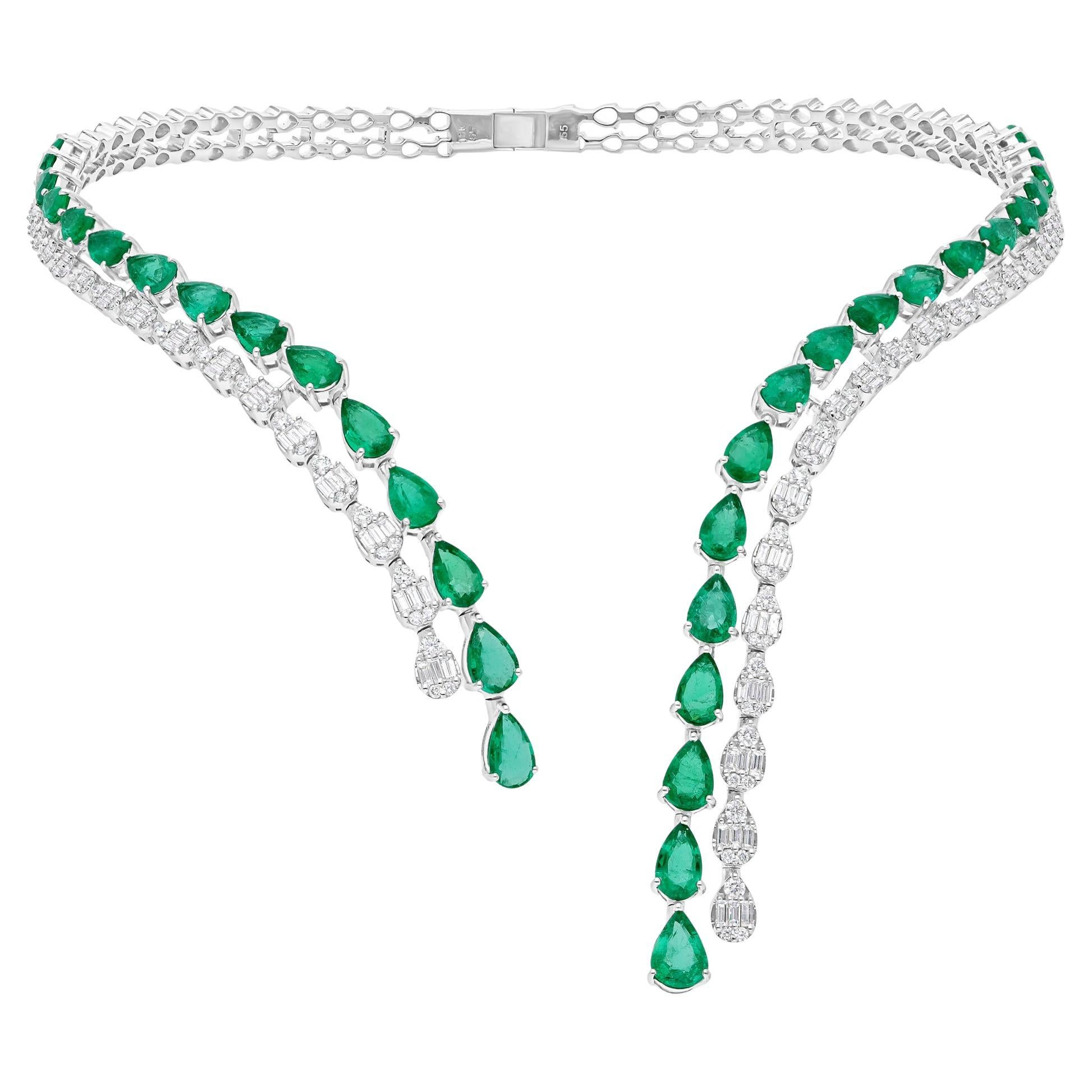 Pear Zambian Emerald Choker Necklace SI/H Diamond 14 Karat White Gold Jewelry