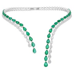 Pear Zambian Emerald Choker Necklace SI/H Diamond 14 Karat White Gold Jewelry