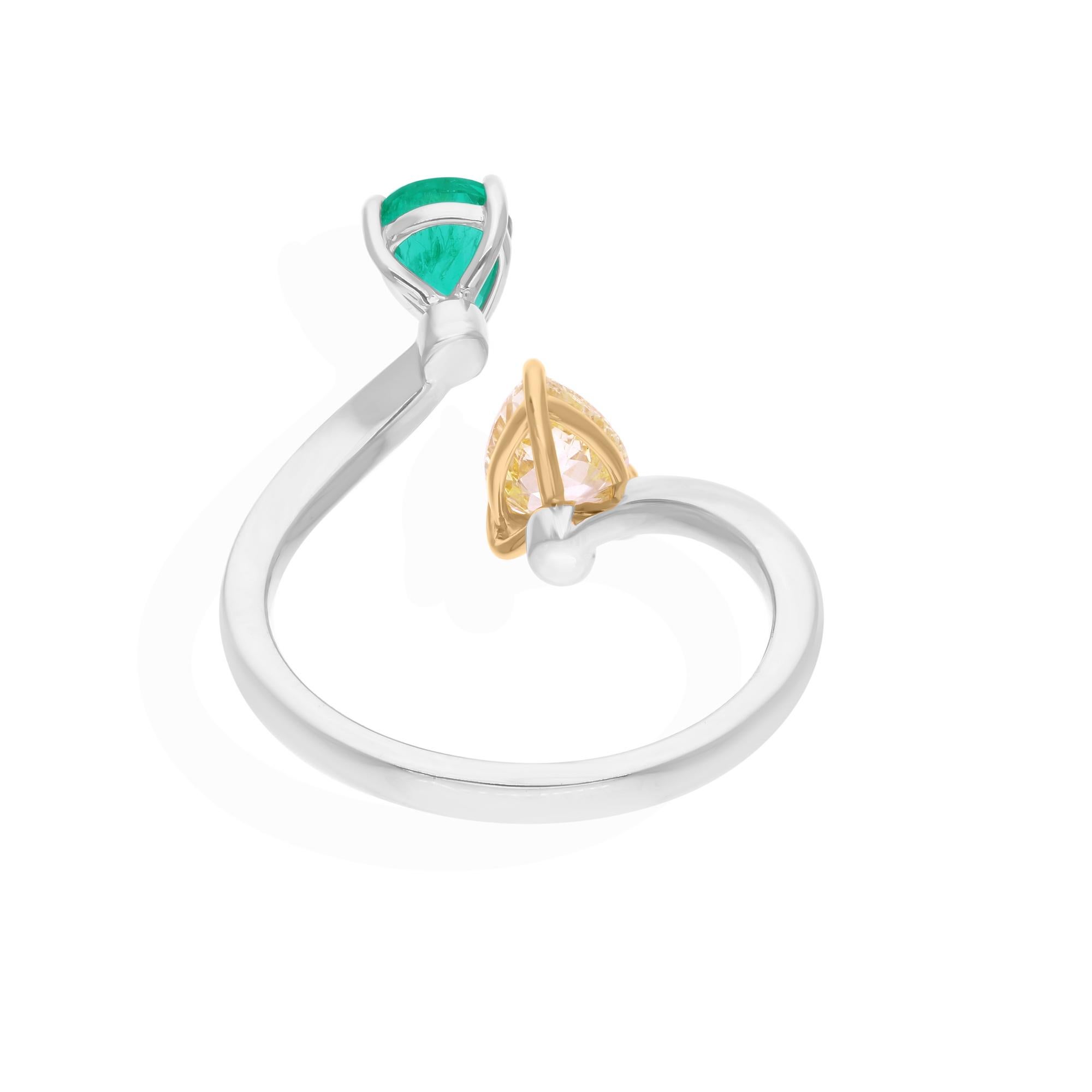 Modern Pear Zambian Emerald Cuff Ring Diamond 18 Karat White Yellow Gold Fine Jewelry For Sale