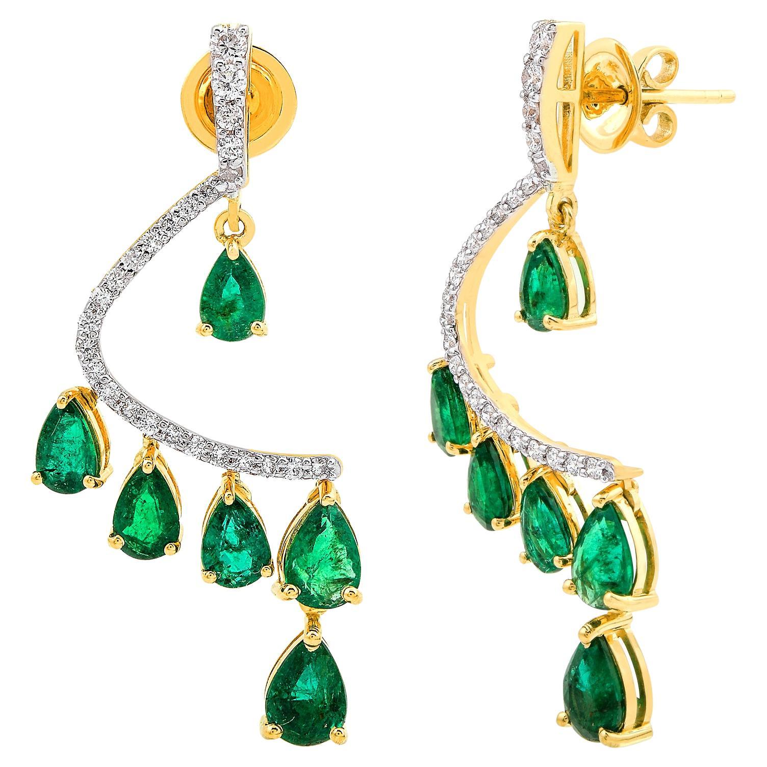 Pear Natural Emerald Dangle Earrings Diamond Pave Solid 18k Yellow Gold Jewelry For Sale