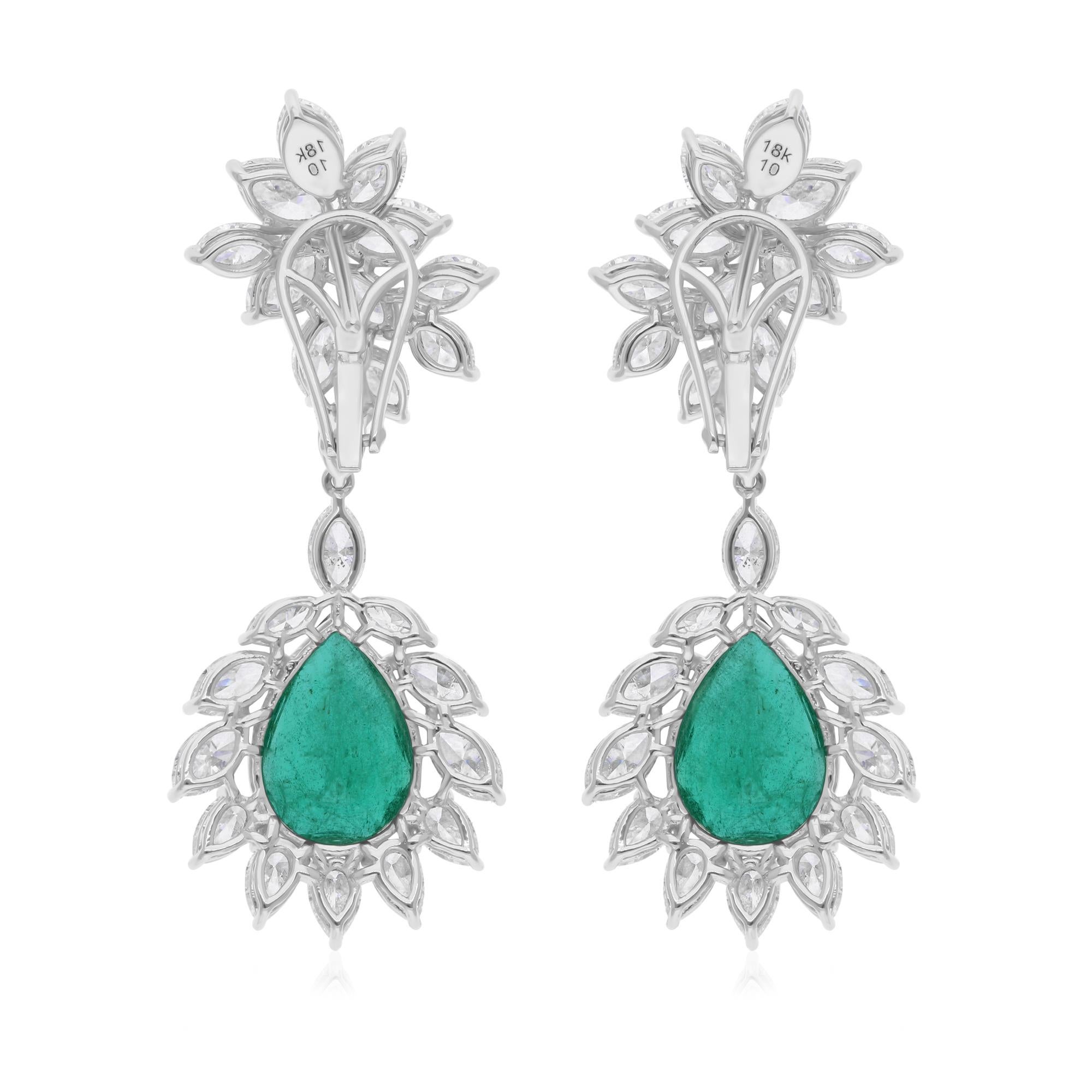 Birnenförmiger sambischer Smaragd-Ohrhänger SI/H Diamant 14 Karat Weißgold 20,21 Tcw (Tropfenschliff) im Angebot