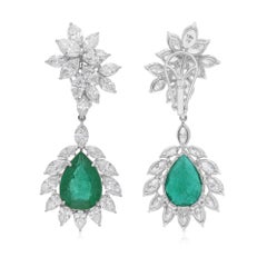Pear Zambian Emerald Dangle Earrings SI/H Diamond 18 Karat White Gold 20.21 Tcw