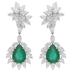 Pear Zambian Emerald Dangle Earrings SI/H Diamond 18 Karat White Gold 20.21 Tcw