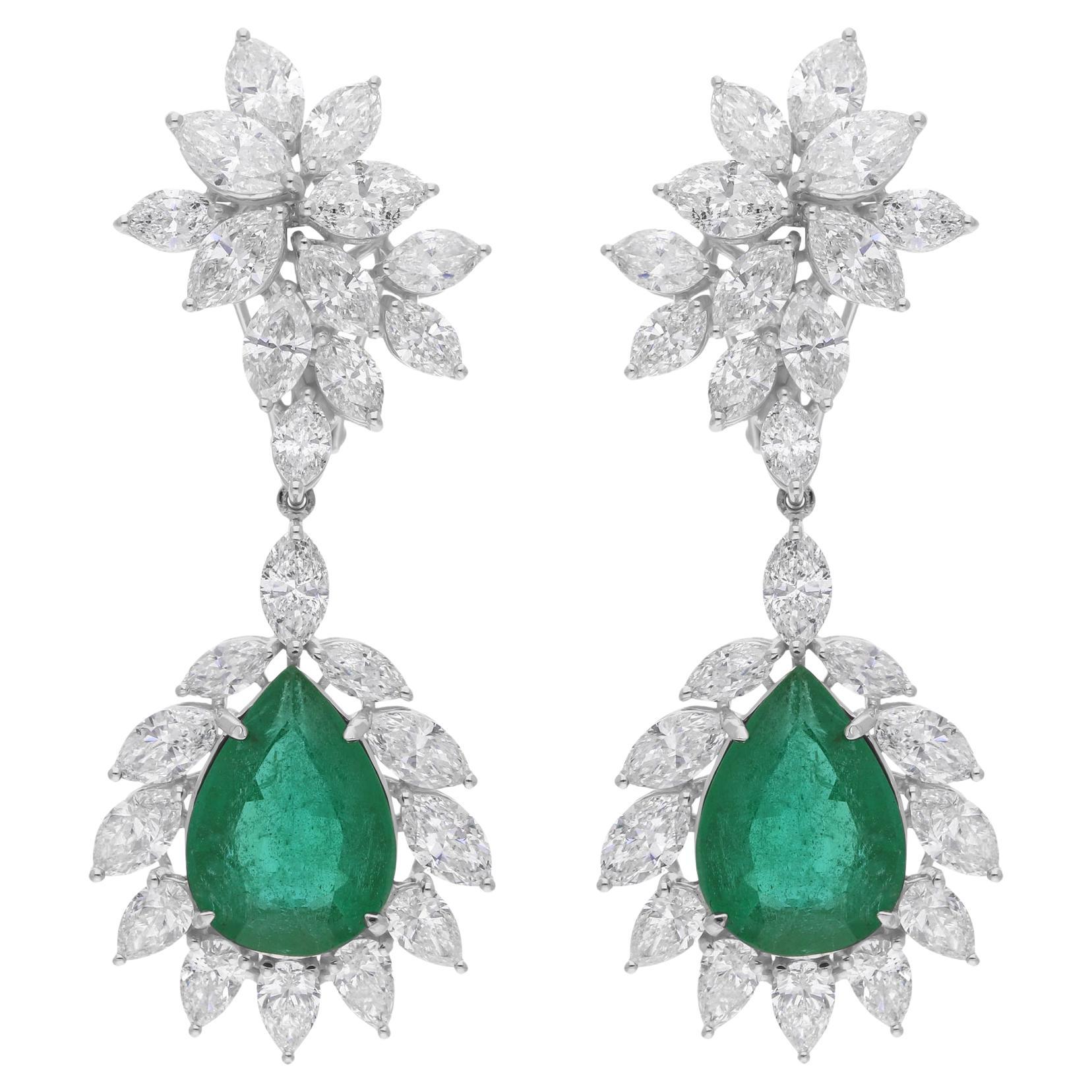 Pear Zambian Emerald Dangle Earrings SI/H Diamond 18 Karat White Gold 20.21 Tcw