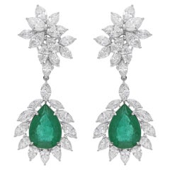 Pear Zambian Emerald Dangle Earrings SI/H Diamond 18 Karat White Gold 20.21 Tcw