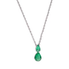 Pear Zambian Emerald Diamond Charm Pendant Necklace 18K White Gold