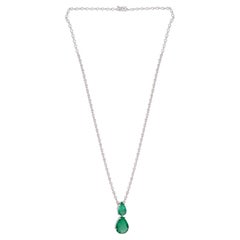 Pear Zambian Emerald Diamond Charm Pendant Necklace 18K White Gold